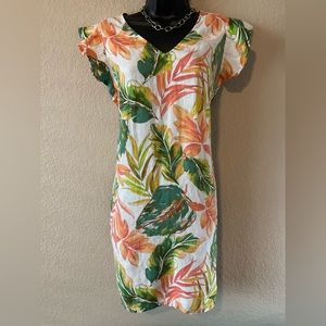 Nicole Miller Tropical Print Short Tulip Sleeved Dress Orange Green